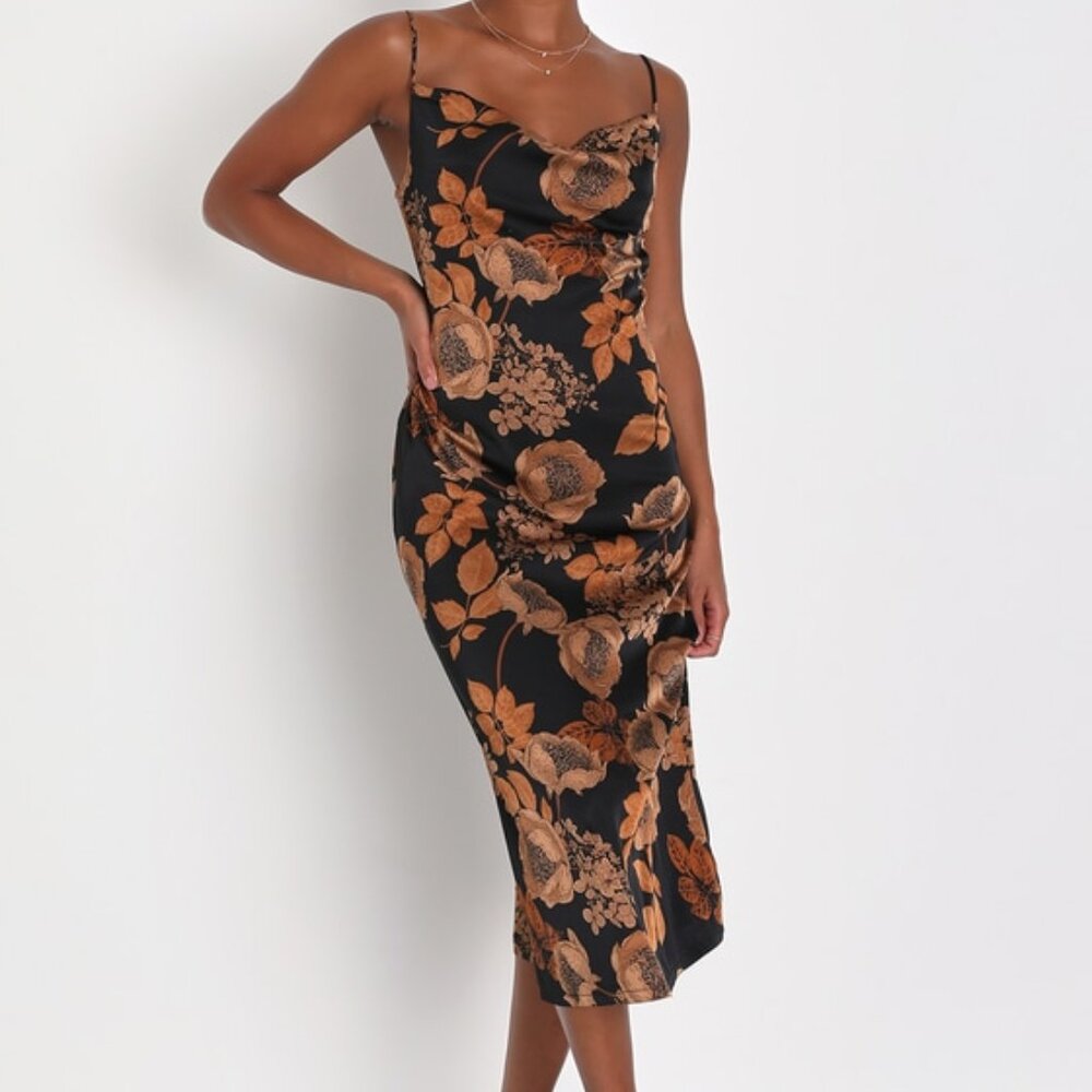 Lulus Favorite Icon Black Floral Satin Cowl Neck Slip Midi Dress - Size L